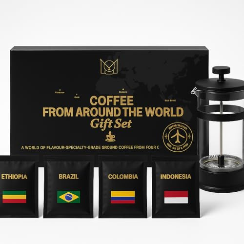 World Coffee Gift Set with French Press Coffee Maker – 4 Finest Single Origins |Premium Ground Coffee Gift Box Cafetiere |Hamper Style Ultimate premium Gift idea for Men, Dads, Coffee Lovers & Foodies