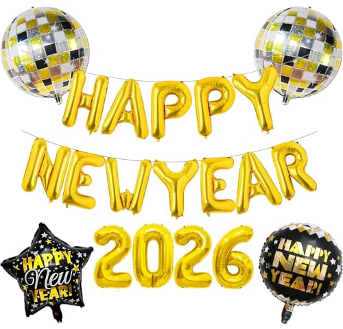 Mavouri Silvester Deko 2026 Luftballons Schwarz Gold, 16 Zoll Happy New Year Deko 2026 Ballon, Deko Silvester 2026 Party Folienballon, Silvesterdeko Luftballon, Frohes Neues Jahr 2026 Helium Ballons
