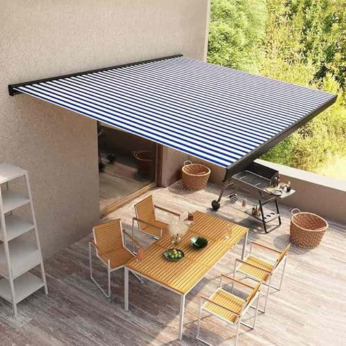 Motorisierte Kassettenmarkise 350x250 cm Blau Weiß - Pulverbeschichtetes Aluminium & PU-beschichteter Markisenstoff - Perfekter Sonnenschutz für Terrasse und Garten