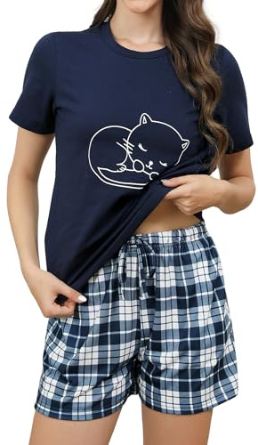 TeJoyce Pyjama Femme Coton Été, Ensemble de Pyjama Court à Col en Rond 2 Pièces Vêtements de Nuit Short Détente Pyjashort Carreaux avec Poches, Vêtements De Détente Doux S-XXL