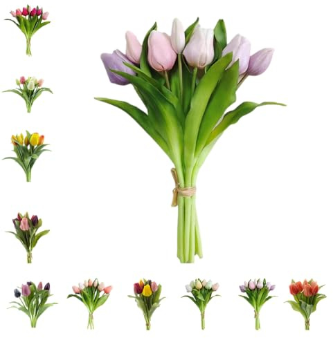 Klocke Dekorationsbedarf Künstlicher Tulpen Bund wie echt - 30 cm Real-Touch Tulpenstrauß mit 7 Stielen (4 Blüten & 3 Knospen) - Hochwertige Frühlingsdeko für Vasen & Gestecke (Flieder/Rosa)
