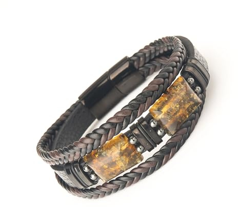 Handmade Herren Lederarmband mit Natur Bernstein aus dem Baltikum – Elegantes Mehrlagiges Armband aus Echtem Leder mit Edelstahl & Magnetverschluss, Geschenk für Männer, 18-18,5cm