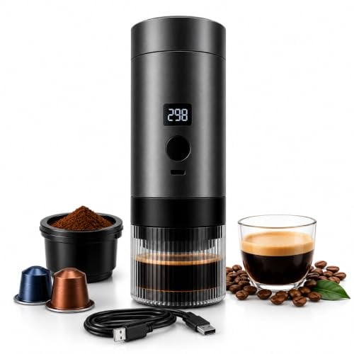 Caffettiera Elettrica Portatile Wireless con Display Digitale, Compatibile con Capsule e Caffè Macinato, Macchina da Caffè Espresso Ricaricabile USB-C, One Click, Ideale per Viaggi, Auto e Campeggio