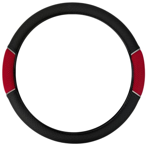 Sakura ‘Carnaby’ Steering Wheel Cover Vented Red Mesh Design Universal Easy Fit for Most Cars Vehicles Improve Grip Soft Comfortable Faux Leather Look