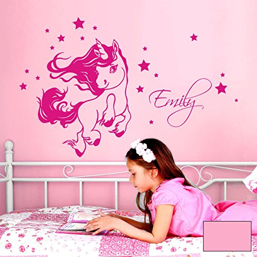 Wandtattoo springendes Einhorn Sternen Wunschnamen Wandaufkleber Aufkleber M2091 ilka parey wandtattoo-welt® - ausgewählte Farbe: *rosa* ausgewählte Größe: *M - 74cm breit x 47cm hoch*