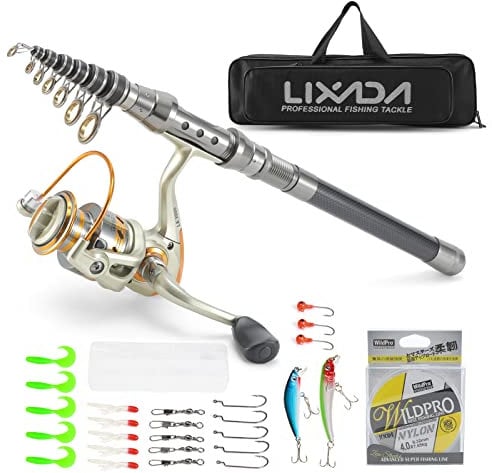 Lixada Teleskop Angelrute und Spule Combo Kit mit 100M Angelschnur Köder Haken Jigkopf und Fischen Tragetasche Fall Angelzubehör