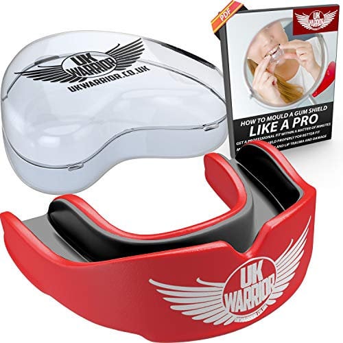 UK Warrior Gum Shield Mouth Guard Gum Guard Gumshield - Ideal for Contact Sports, Martial Arts, Karate, Rugby, MMA, Boxing, Hockey, Football (Red & Black, Adult (7> Years Old))