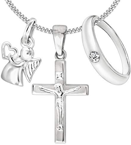 CLEVER SCHMUCK Set Kinder Taufkette 3 Silberne Anhänger Jesus Kreuz 17mm & Taufring Zirkonia weiß & Mini Engel mit Herz & Kette Panzer 38cm STERLING SILBER 925 im Schmucketui