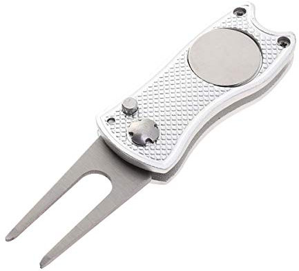 LIOOBO Golf Divot Repair Tool with Ball Marker, Stainless Steel Pitch Fork Putting Green Set with Ball Marker (Silver)