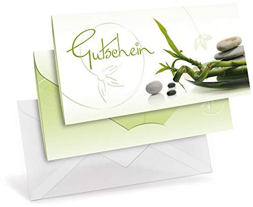 Gutscheinkarten (10 Stück) mit transparenten Briefumschlägen - Geschenkgutscheine für Physiotherapie, Yoga, Wellness - DIN lang Faltkarte verschließbar