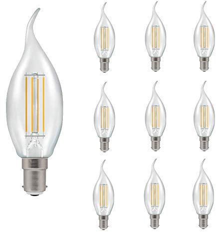 Pack of 10 x Crompton B15 LED Bent-Tip Filament Candle Bulbs 5 Watts Dimmable 470LM / 40W Incandescent Equivalent C35 Small Bayonet (SBC-B15d) Candle Light Bulbs Warm White 2700K