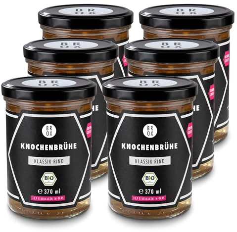 BROX Knochenbrühe Rind Bio [6x370ml] – 24 Std. gekocht, Deutschland – Kollagen & Aminosäuren – Rinderbrühe aus Weidehaltung – Premium Bone Broth