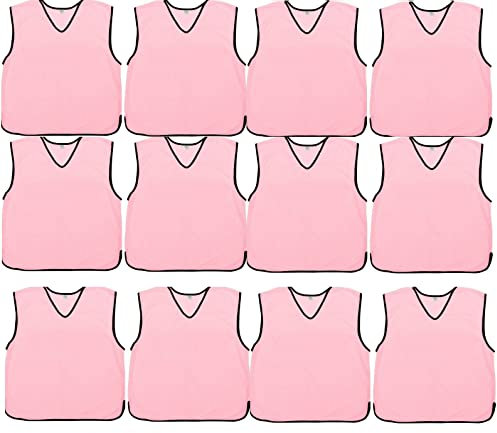 Sports Training Mesh Bibs Football Netball Rugby Hockey Cricket Scrimmage Vest Soccer Sports Club + Carry bag (Senior Adult Youth Junior & Kids) (Pink, XXL - Fit 52 Chest) 12 Stück