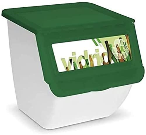 TIENDA EURASIA® Cubos de Basura de Reciclaje para Cocina Apilables. Contenedores de 36L (Papel - Vidrio - Plastico). Medida 39x39x36 cm (Verde Vidrio)