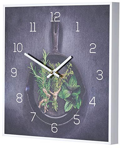 levandeo Wanduhr 30x30cm Uhr PVC Rahmen Weiß Gewürze Küche Kräuter Pfanne Kräuterpfanne Wanddeko Küchenuhr