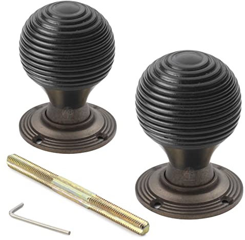Antique Brass Wood Beehive Door Knob Handle Black Hard Wood Ebonized Mortice Pair of New