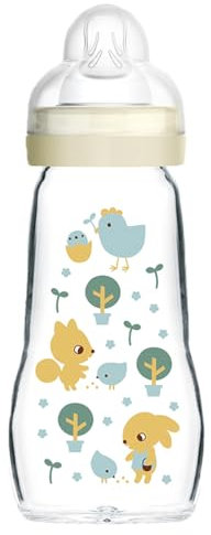 MAM Feel Good Glass Bottle Pack of 1 (1 x 260 ml), MAM Bottle with Medium Flow MAM Teats Size 2, Newborn Essentials, MAM Baby Bottles for 2+ Months, Blue