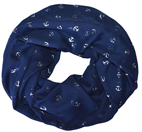 thb Richter Damen Loopschal Schlauchschal mit Anker Ancherchen Muster Metallic Glitzer Glanz Schal Rundschal Leicht Weich Soft Sommer Anchor (Dunkelblau/Silber-Anker)