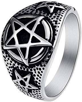 BlackAmazement 316L Edelstahl Ring Pentagramm Stern Star Fünfstern Drudenfuß Pentakel Silber Schwarz Damen Herren (71 (22.6))