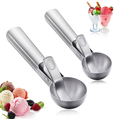 Edelstahl Eisportionierer, 2 Stück Dessert Eislöffel, Eislöffel Portionierer,19cm/18,5cm, Edelstahl Poliert mit Auslöser, für Eiscreme, Fleischklößchen, Melonenkugel oder Kartoffelkugel Schlamm
