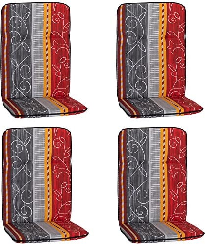 NYVI Hochlehner Auflagen Hawaii 4er Set - 114x47 cm Grau Rot Gelb Ranke - Gartenmöbel Auflage mit 5 cm Polster und Gummi-Halteband