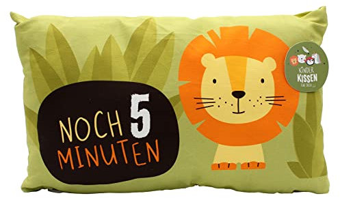 Dekohelden24 Kinder-Kuschel Kissen mit Löwe - Aufschrift - Noch 5 Minuten - L/B/H ca. 40 x 13 x 23 cm, 100% Baumwolle