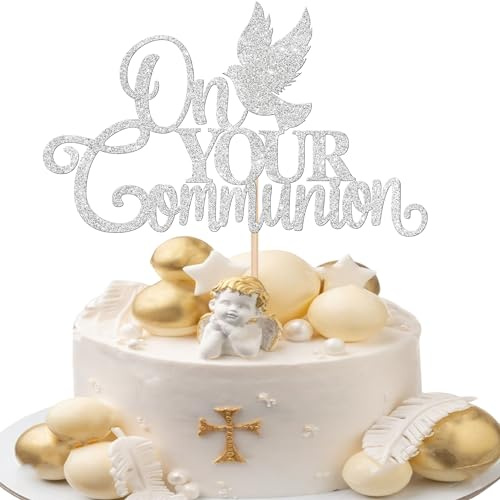 SYKYCTCY 1 Pack On Your Communion Cake Topper Glitter On Your Communion Cake Decorations Peace Dove Cake Topper for Kids Birthday Baby Shower Wedding Bridal Shower Marriage Anniversary Silver