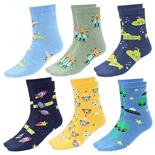 TupTam Kinder Socken Bunt Gemustert 6er Pack für Mädchen und Jungen, Farbe: Weltraum Bär Flugzeug Dunkelblau Blau Grün Gelb, Socken Größe: 19-22