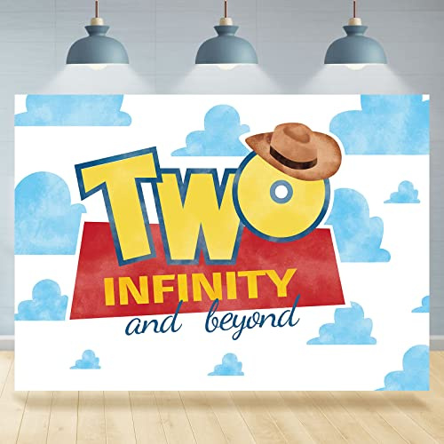 Rsuuinu Two Infinity and Beyond 2nd Birthday Hat Blue Clouds Photography Backdrop 7x5ft | Hat Blue Clouds Birthday Photo Background for Men Women, Party Decor Supplies, Photo Booth Props for Cake Table Wall Decor