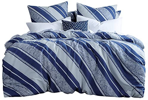 Aisbo Bettwäsche 200x200 Baumwolle Mikrofaser - Bettwäsche-Set Blau 200x200cm 3 teilig mit Streifen Muster, Polybaumwolle Gestreift Bettbezug 2x2m aus 50% Baumwolle 50% Polyester