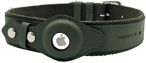 PawTrace AirTag Veganes Hundehalsband. Stabiles Halsband aus veganem Leder kompatibel mit Apple AirTag. Komfortablere Schutz für kleine & große Hunde. GPS Hundeband in Dunkelgrün. Verstellbar (S)