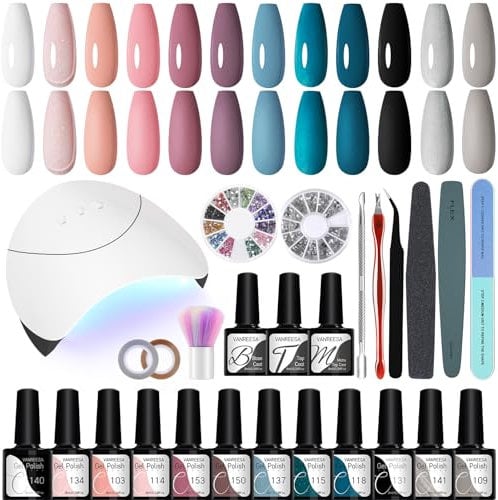 Gel Nail Polish Set with Lamp Starter Kit, VANREESA 12 Colours Gel Nail Kit with Basic Manicure Tools Black Pink Gray Purple Gels Polish Set Gifts for Women DIY at Home