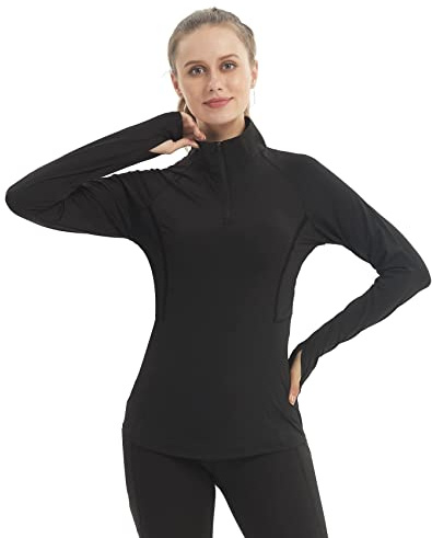 LNFINTDO Womens Long Sleeve Gym Shirt 1/4 Zip Pullover with Thumb Holes | Quick Dry Breathable 4-Way Stretch Fabric,Soft Base Layer Tops,Workout Clothes for Yoga Running Hiking Cycling