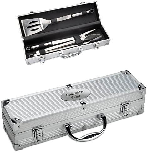 Schmalz® Edler Grillkoffer mit 3-teiligem Grillbesteck inkl.Gravur Grillset Geschenk Grillzange Grillgabel Fleischwender-Geburtstagsgeschenk Geschenk zum Vatertag