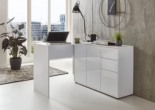 moebel-dich-auf Schreibtisch Ben 10 Home-Office inkl. Sideboard (weiß/weiß Hochglanz)