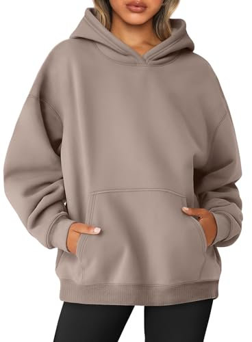 AUTOMET Damen-Sweatshirt, Übergröße, Fleece, Kapuzenpullover, Langarm-Shirt, Pullover, Herbst-Outfits 2024, mit Tasche, Kaffeegrau, M