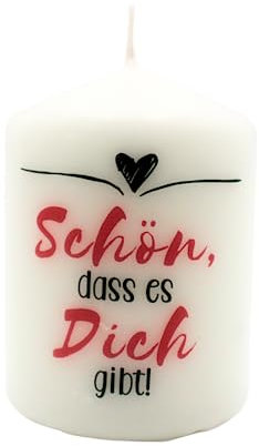 Stumpenkerze in weiß mit Schriftzug - Schön, dass es Dich gibt - in schwarz - rosa, Größe: H/Ø ca. 8 x 6 cm