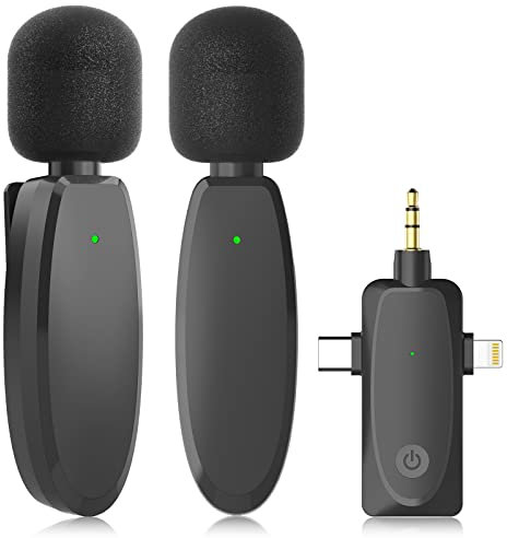 LUMCAI Wireless Lavalier Lapel Microphone for iPhone, Android, Camera, Mini Professional Wireless Mic Plug-Play 2.4G Ultra Low Delay Built-in Noise Reduction Chip 7H Long Working