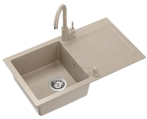 myQ Lavello in granito | dimensioni: 77 x 44 x 18,5 cm, colore: beige | PARIS 11 Set lavello cucina: lavello in granito a vasca singola + rubinetteria Ganges + dispenser | per mobili da 50 cm