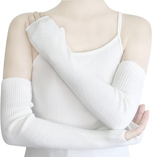 YATANAM Handgelenkwärmer aus Wollmischgewebe, warme fingerlose Handschuhe, gestrickt, weiche Armstulpen, Ärmeln, Tippfäustlinge für Frauen, A-weiß, 19.7''/50cm