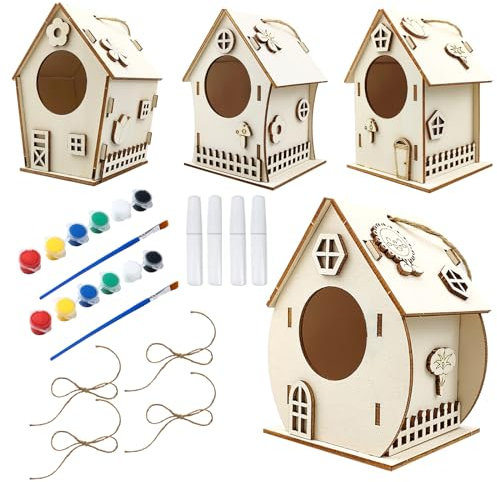 Jortmrd Kit de 4 Maison D'oiseau Activite Manuelle Enfant Kit de Loisir Creatif Activites Manuelles Maison Oiseau a Peindre Rnfant en Bois avec Peintures et Pinceaux Maison Oiseaux a Peindre