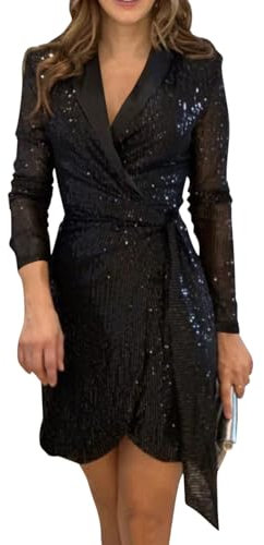 shownicer Vestiti Donna Elegante Partito Cocktail Abiti Paillettes Mini Abito Manica Lunga Paillettes Lustrini Brillante Mini Vestito Scollo A V Vestitini Blazer A Nero M