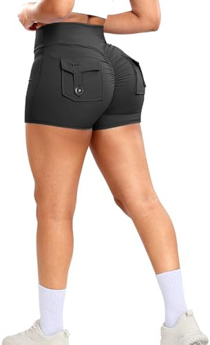 RIOJOY Damen Gym Shorts Booty Scrunch Sport Shorts V Cross Waist Kurze Leggings Hose mit Tasche Schwarz L