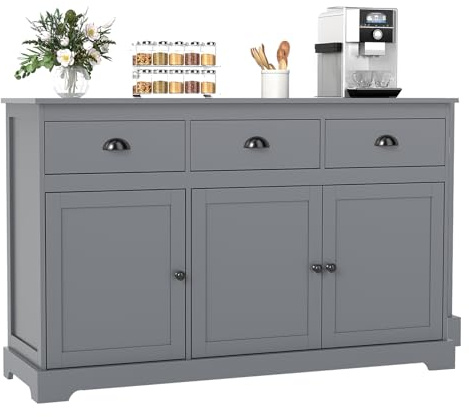 COSTWAY Sideboard Storage Cabinet, Modern Kitchen Cupboard with Adjustable Shelf, Drawers and Doors, Large Wooden Buffet Cabinet Unit for Dining Living Room Hallway (Grey)