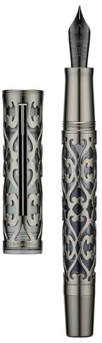 Hongdian D1 Piston Fountain Pen Extra Fine Soft Nib, Jet Black Hollow Skeleton & Resin Pen with Metal Case Set