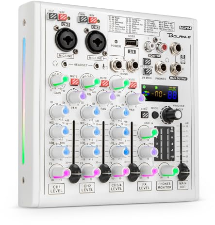 Professional Audio Mixer, Sound Board Console System, Interface 4 Channel Digital USB Bluetooth MP3 Computer Input 48V Phantom Power Stereo DJ Studio