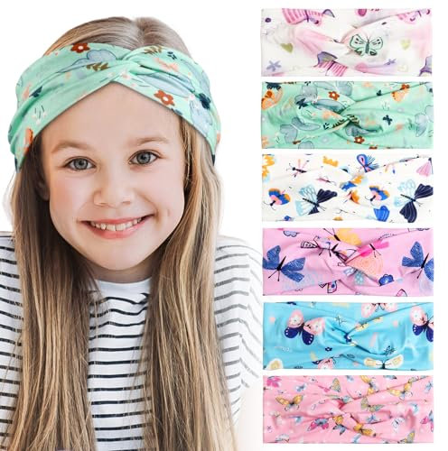 BETESSIN 6Stk. Stirnband Mädchen Kinder Haarband Elastisches Kopfband mit Knoten Schmetterling Breite Haarreif Schleife Haarschmuck Kopfschmuck für Schule Sport Freizeit in 6 Stilen B