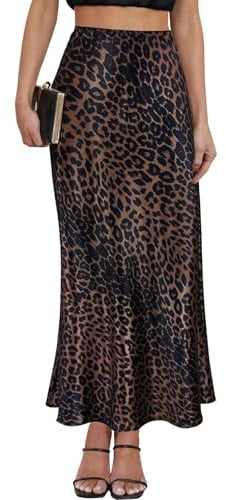 Satin-Maxirock für Damen, hoch tailliert, mit elastischem Bund, Seidenoptik, A-Linie, lässiger Party-Rock mit Leopardenmuster, langer Rock für Damen
