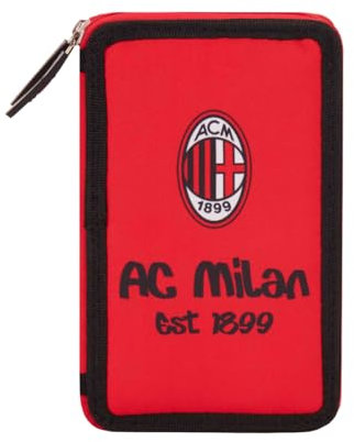 AC Milan - Trousse avec 3 Compartiments et matériaux intérieurs, Porte-Stylo, Crayons en Polyester, Rouge, Rouge, Fonctionnel
