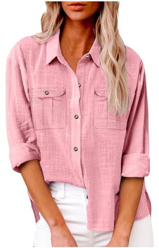 Bluse Damen Lässiges Hemd mit V-Ausschnitt 100% Baumwolle Lockere Passform Solide Dickes Oberteil Elegant mit Tasche